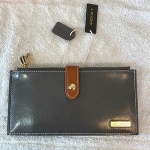 AnDoilt Long Card Wallet Gray Leather with Brown Accents